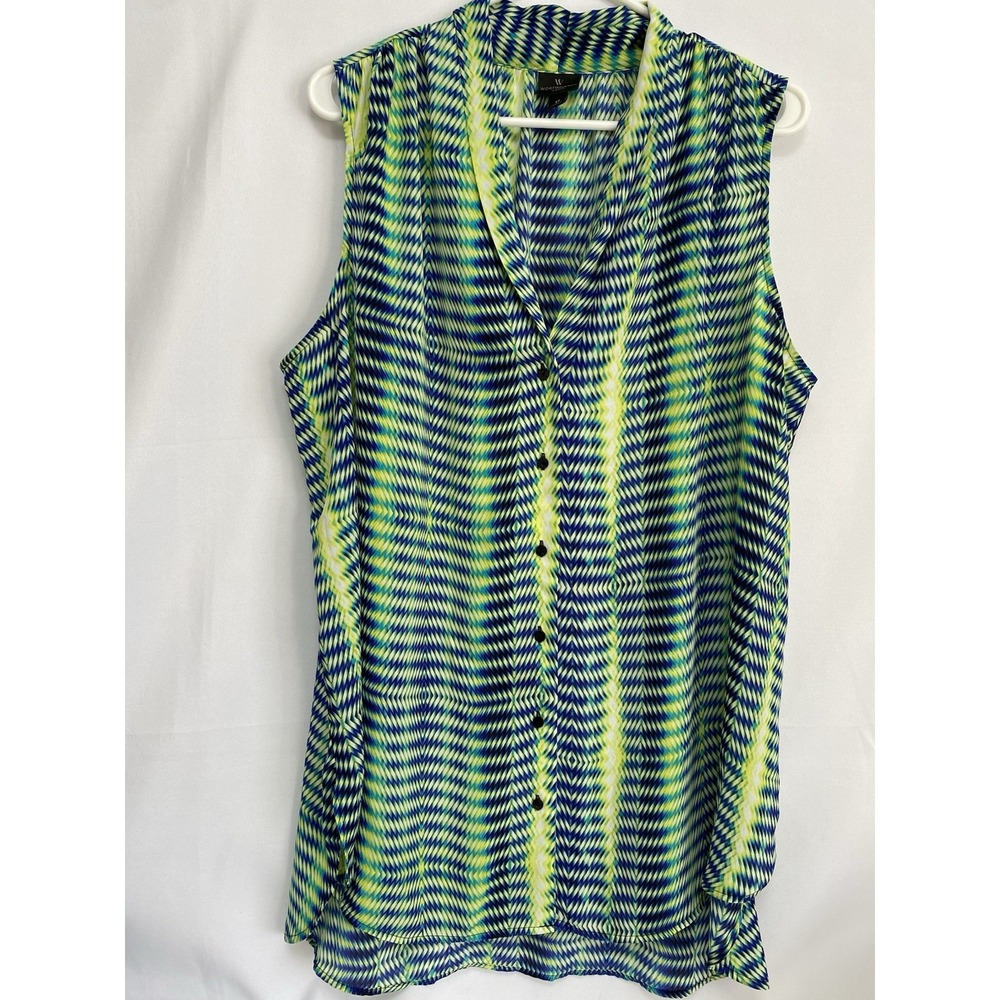 Worthington Sleeveless Blue Green Yellow Black Button Down Women's Blouse Sz 1X